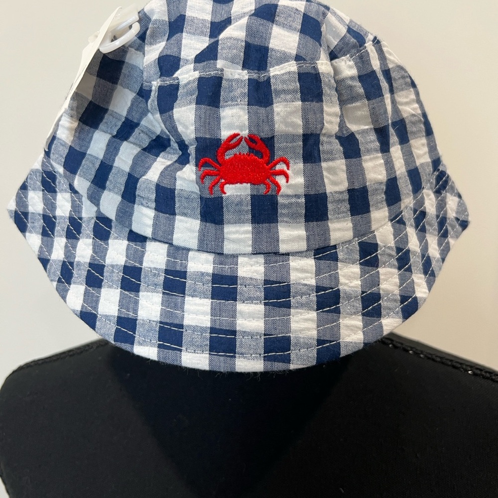 Crown & Ivy Navy and White Gingham Toddler Bucket Hat with Red Crab 18-24M NWT